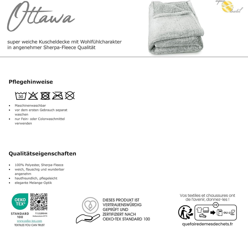Aqua-Textil Soffice coperta coccolosa 150 X 200 cm Grigio Bianco Melange Coperta TV in peluche Copriletto Sherpa Fleece Oeko-Tex Ottawa Letti e coperte Besuche den aqua-textil-Store
