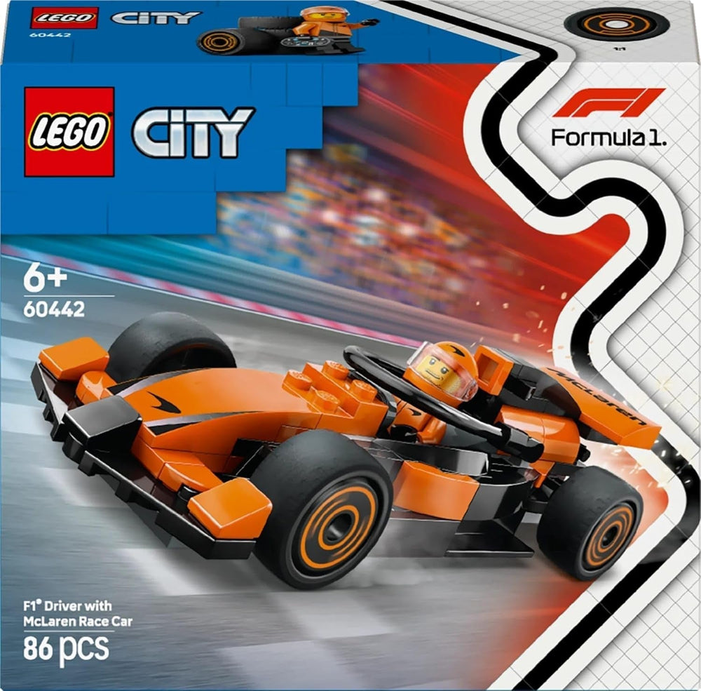 LEGO City Pilota di F1 con auto da corsa Mclaren - Modello giocattolo di Formula 1 con auto da corsa e minifigure - piccolo regalo per ragazzi e ragazze dai 6 anni o appassionati di sport motoristici 60442 Set da costruzione Besuche den LEGO-Store