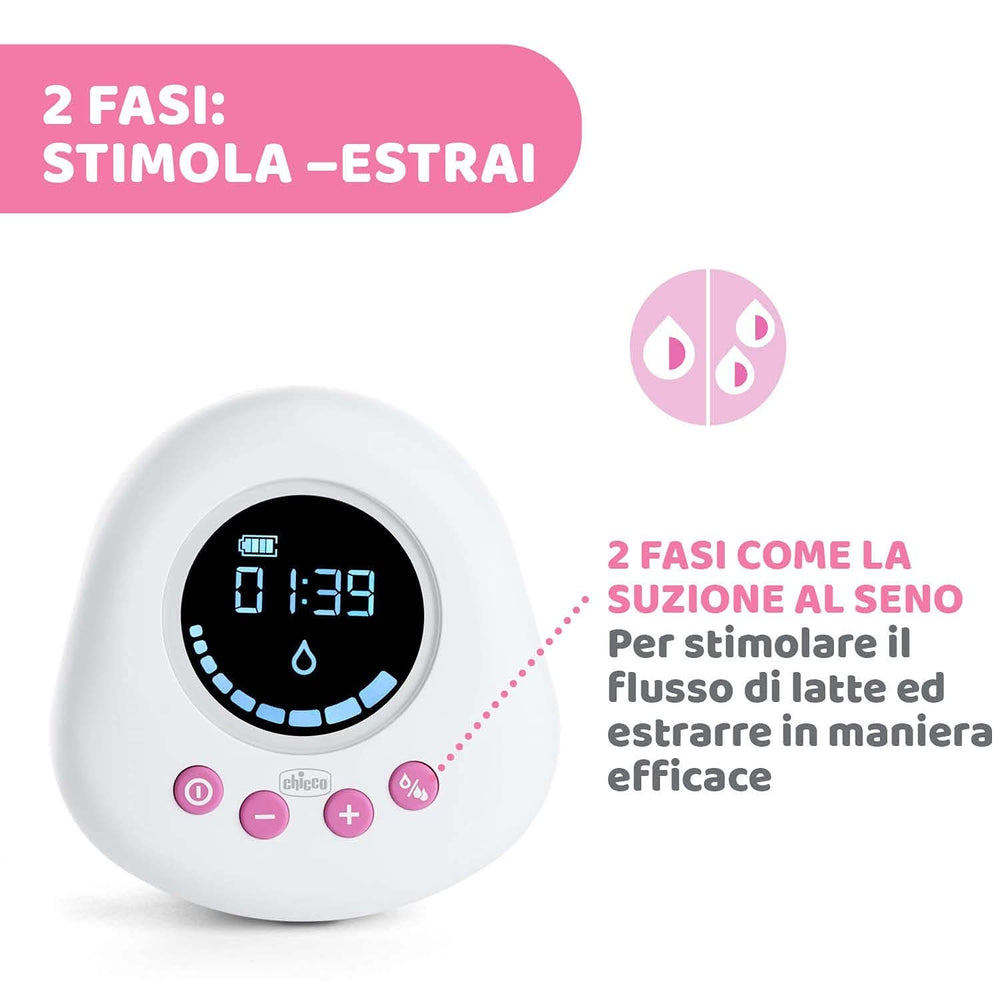 Tiralatte elettrico Chicco con fasi di stimolazione ed estrazione, 10 livelli di intensità, comodo e veloce, forma ergonomica, con tettarella inclinata e tappo a tenuta, bianco, 150 ml Accessori Alimentazione e Allattamento Bebe Naty Shop