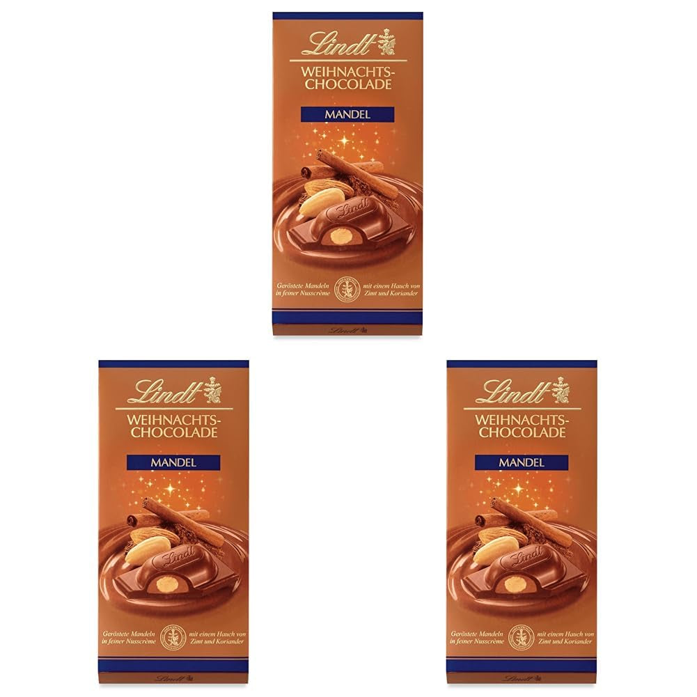 Lindt Tavoletta di cioccolato alle mandorle natalizie | 100 g| Mandorle in crema di noci ricoperte di finissimo cioccolato al latte | Regalo di cioccolato di Natale