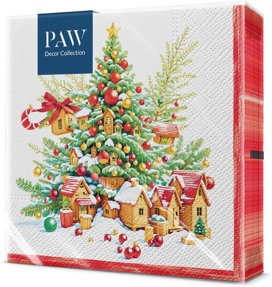 PAW - Șervețele 3 straturi (33 X 33 Cm) I 20 bucăți I Șervețele de hârtie colorate perfecte pentru masa de Crăciun I Șervețele - Crăciun, iarnă, stele, zăpadă, oameni de zăpadă I Familia Snowy