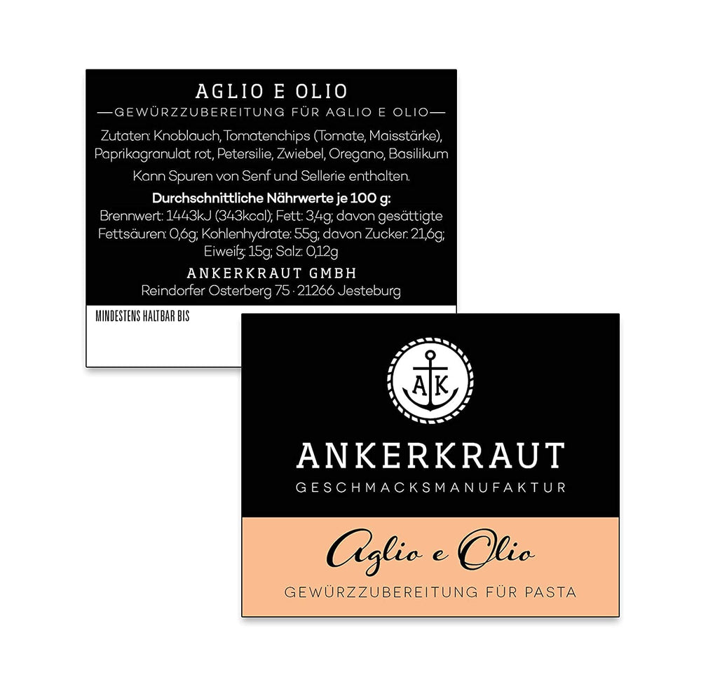 Ankerkraut Aglio e Olio, Gewürzmischung italiano per pasta e spaghetti classici, 120 g in sacchetto aromatico