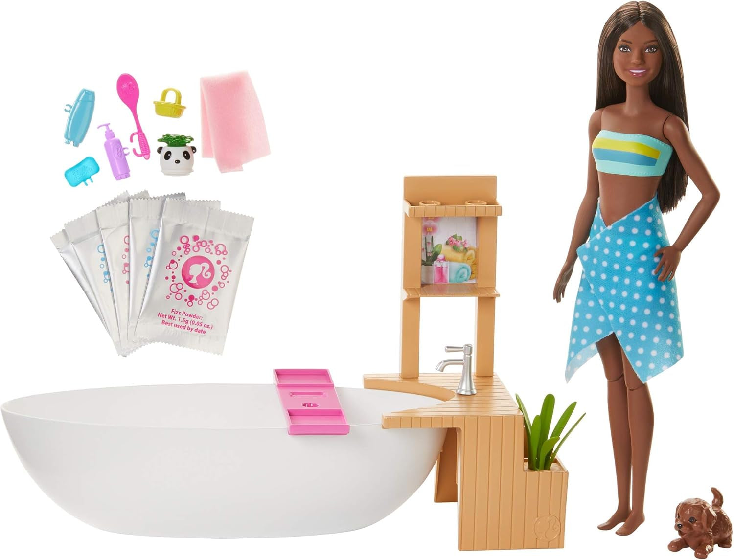 Barbie Self-Care Series, Confetti Bath, păpușă Barbie cu păr blond, costum de baie, cățeluș, 2 pachete de săpun Confetti, accesorii Barbie, 1X păpușă Barbie inclusă, potrivită ca un cadou, Hkt92 Papusi Naty Shop Multi