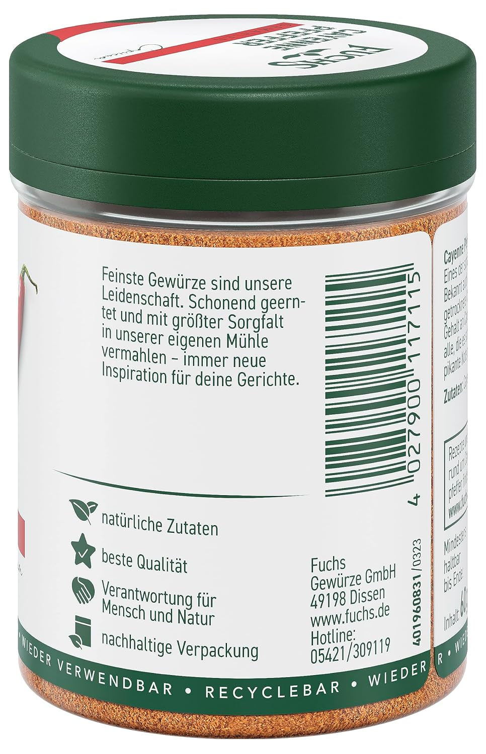 Fuchs Gewürze - Pepe di cayenna gemahlen - per einen scharfen Geschmack in tutti i tipi di piatti - ingredienti naturali - 60 g in wiederverwendbarer, recyclebarer Dose