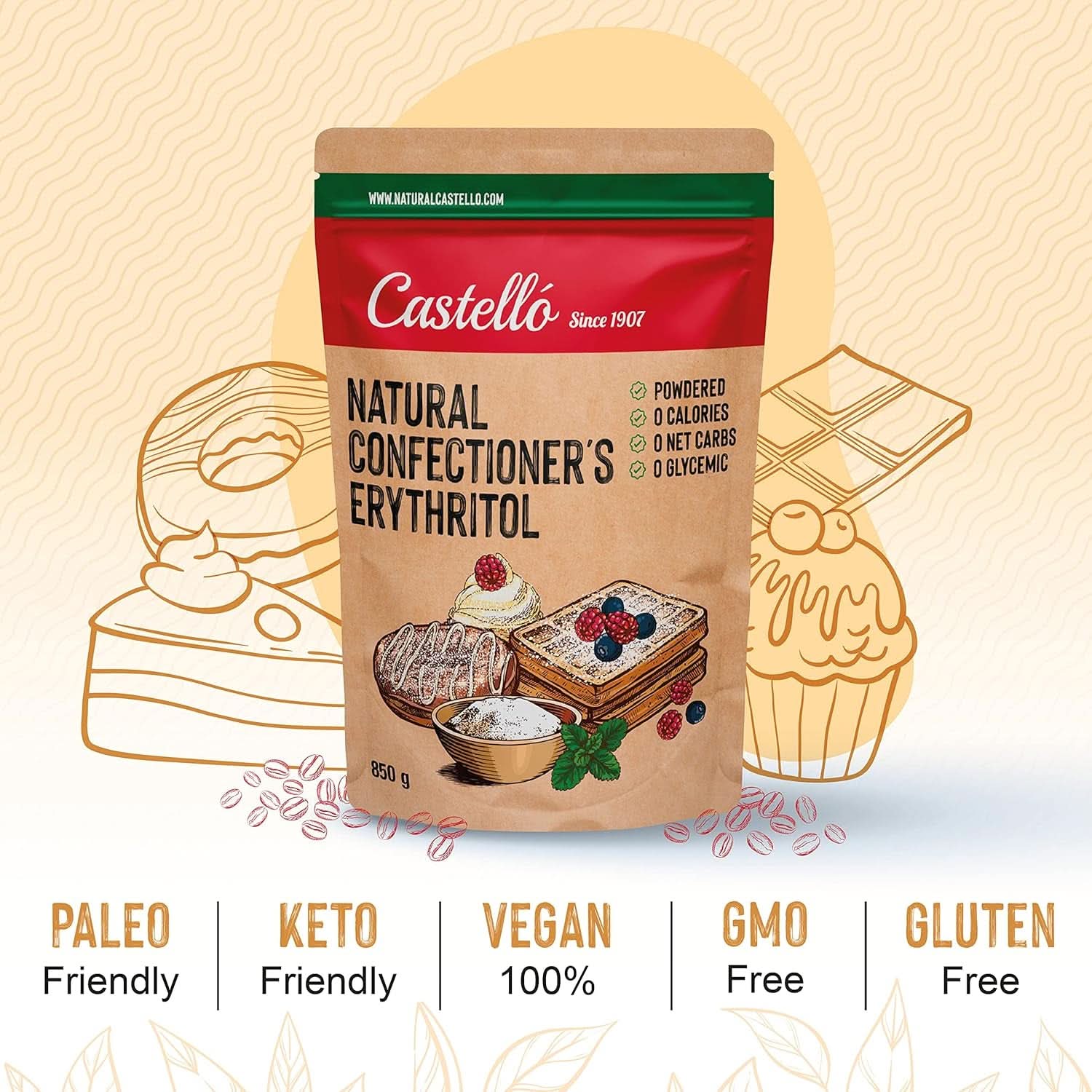 Eritritolo naturale - Zucchero a velo | 10G = 7G di zucchero, 850 grammi Dolcificanti Naty Shop