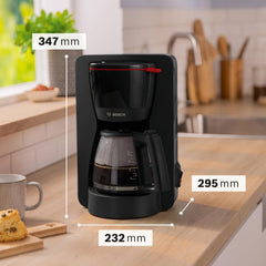 Espressor cu filtru Bosch MyMoment TKA2M113, carafă din sticlă de 1,25 l, pentru 10-15 cești, funcție de menținere la cald timp de 40 de minute, sistem anti-picurare, suport pentru filtru rotativ, rezervor de apă detașabil, 1200 wați, negru mat