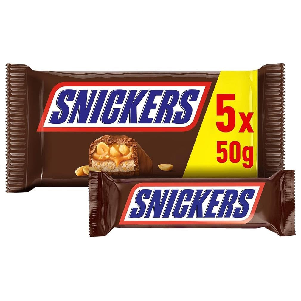 Confezione da 5 barrette di cioccolato Snickers al caramello di arachidi | Snack calcio | (1x5x50g)