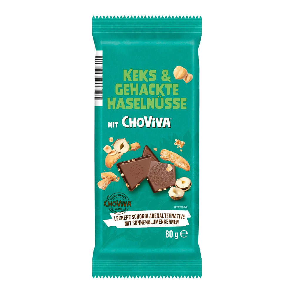 Biscotti al burro salato e ChoViva, barretta da 80 g, a base di cioccolato alternativo con semi di girasole