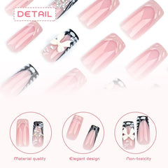 24 bucăți unghii false de lungime medie, cu strasuri, roz, pătrate, perlate, strălucitoare, unghii false 3D pentru femei și fete