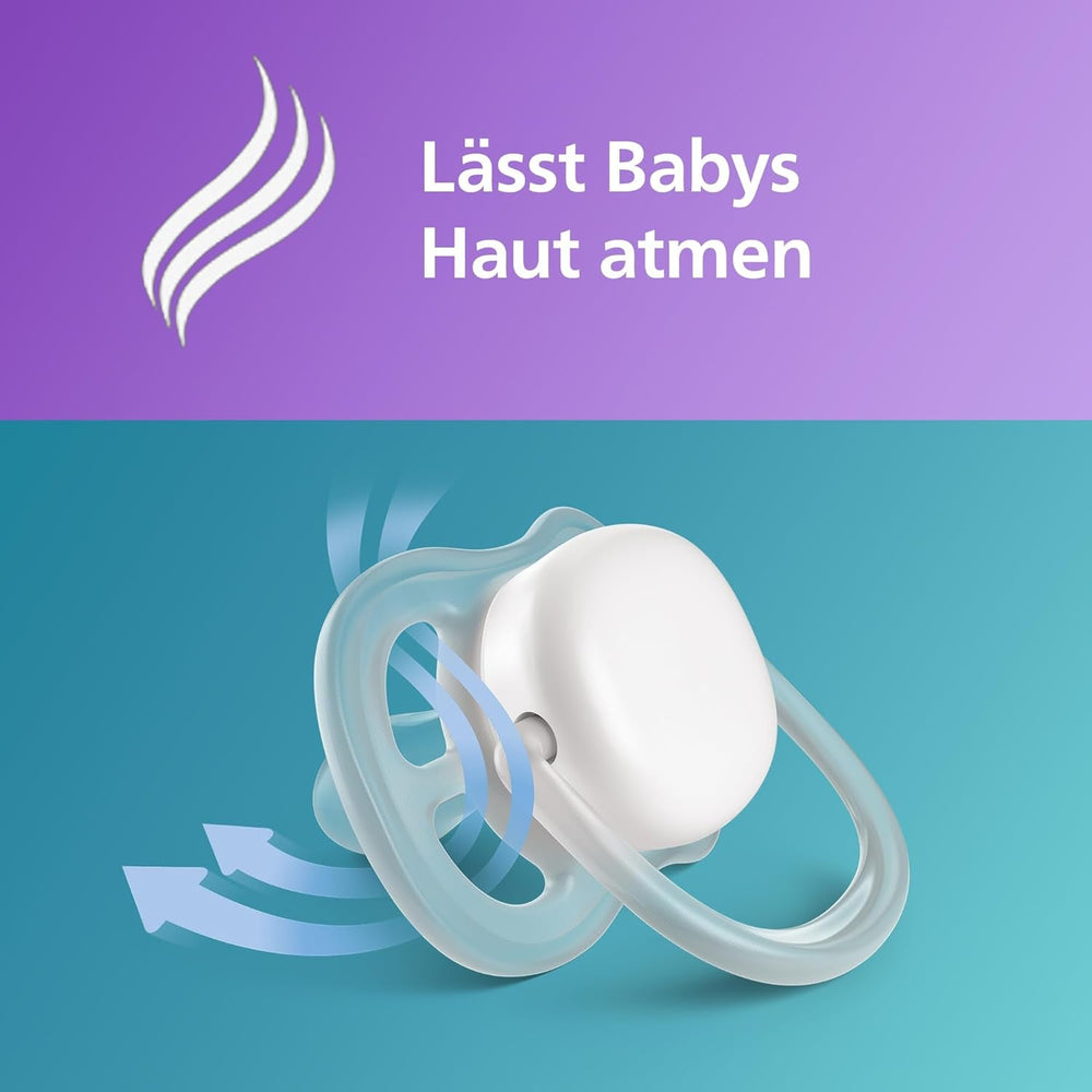 Suzete Philips AVENT ultra air – Suzete ușoare și respirabile pentru bebeluși cu vârsta cuprinsă între 0 și 6 luni, fără BPA, cu recipient de transport ca sterilizator, pachet de 2, model SCF085/24