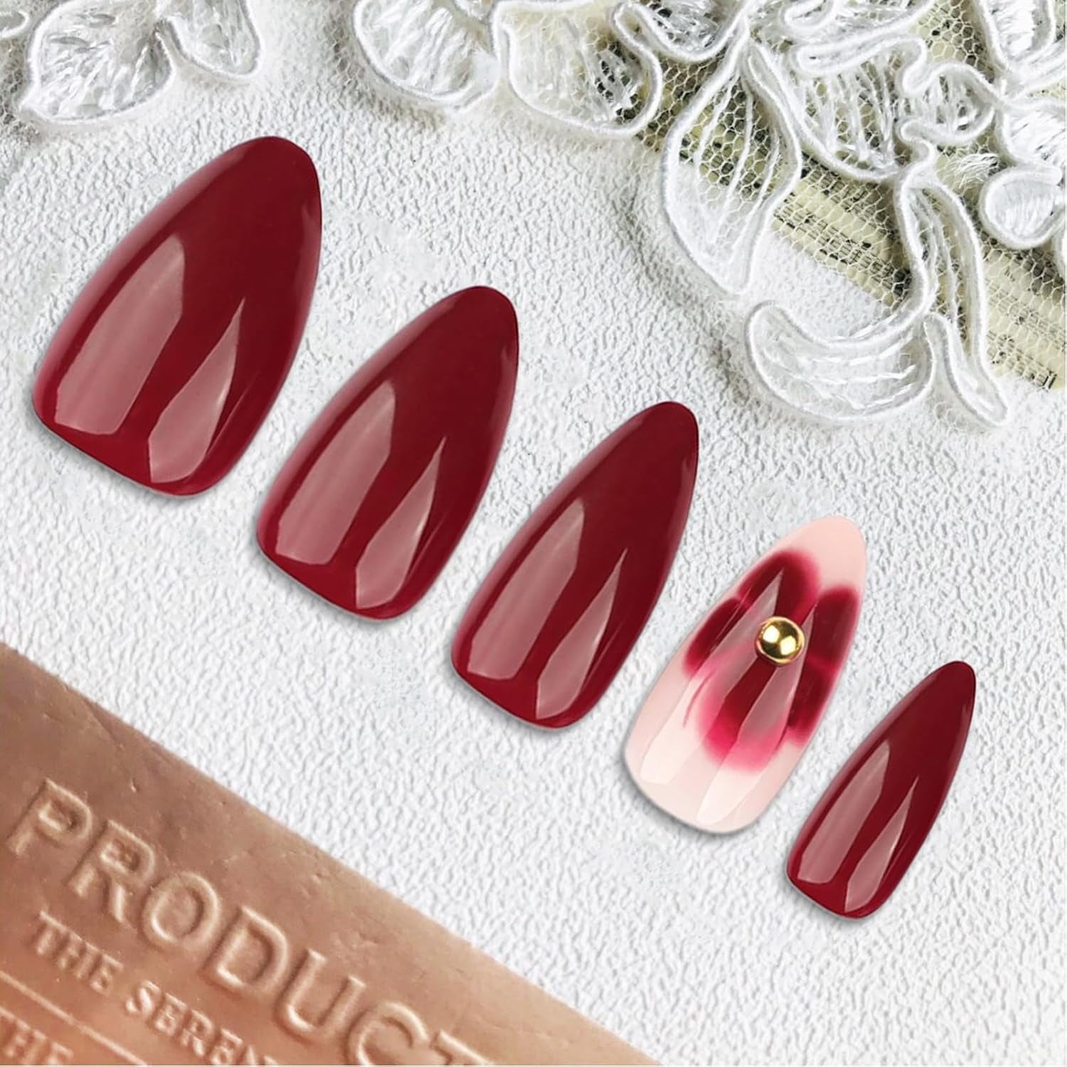 24 Flori Burgundy cu Armură de Diamant, Unghii Presabile, Unghii Artificiale pentru Lipire, Set Vârfuri de Unghii