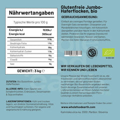Farina d'avena Jumbo biologica Wholefood Earth, senza glutine – 3 kg | Non OGM | Vegano | Ricco di fibre | Certificato biologico