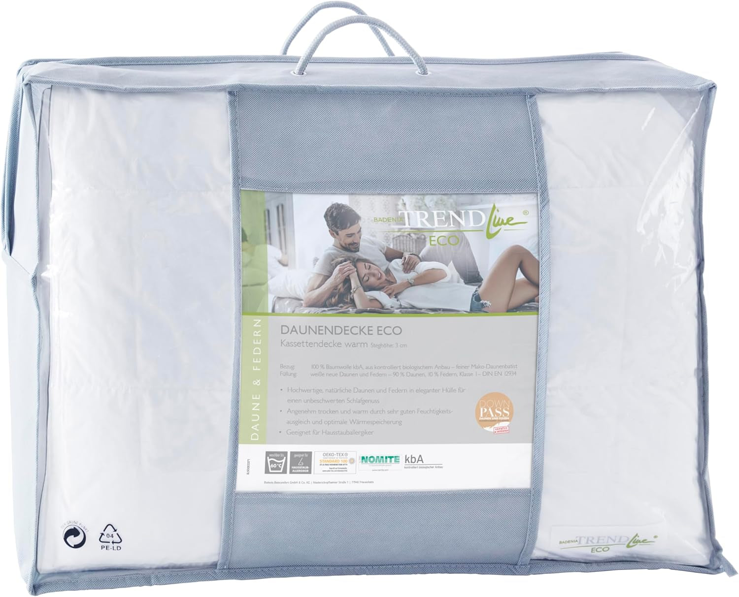 Badenia Trendline Eco caldo piumino con 90% piumino e 10% piume classe I, 135 X 200 cm, bianco, certificato Oeko-Tex, prodotto secondo lo standard di qualità tedesco Trapunte e trapunte Naty Shop
