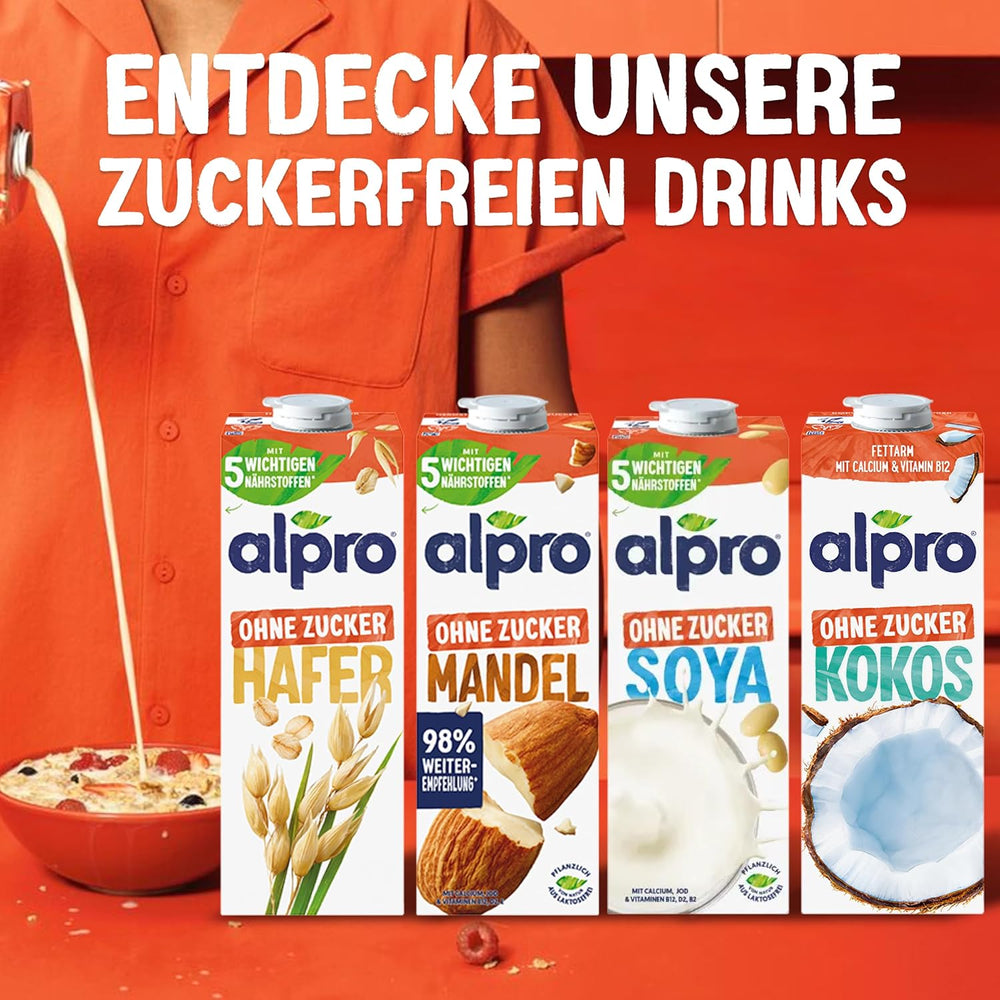 Alpro Haferdrink ohne Zucker – Milchalternative auf Haferbasis – Vegan und lactosefrei – Rich an Ballaststoffen, Calcium und Vitaminen – 8 x 1 L