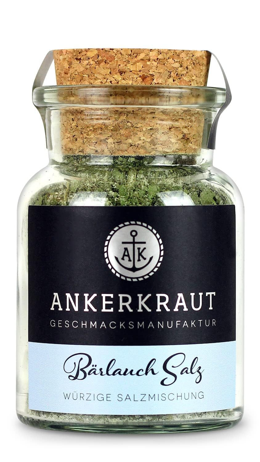 Ankerkraut Bärlauch Salz, Lecker Fleisch und Salat Verfeinern, Gesmack Aroma tipo Knoblauch, Kräuter mit Gewürz zum Kochen, 110 g im Corkenglas