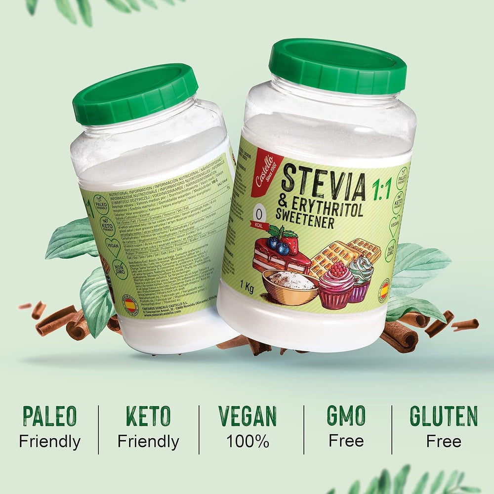 Stevia + eritritolo 1:1 sostanza nutriente | 1G = 1GZucker | 100% Zuckerersatz naturale - 0 Kalorien - 0 Glykämischer Index - Keto und Paleo - 0 Netto-Kohlenhydrated - Kein GVO - Castello since 1907-1 Kg Dolcificanti Naty Shop