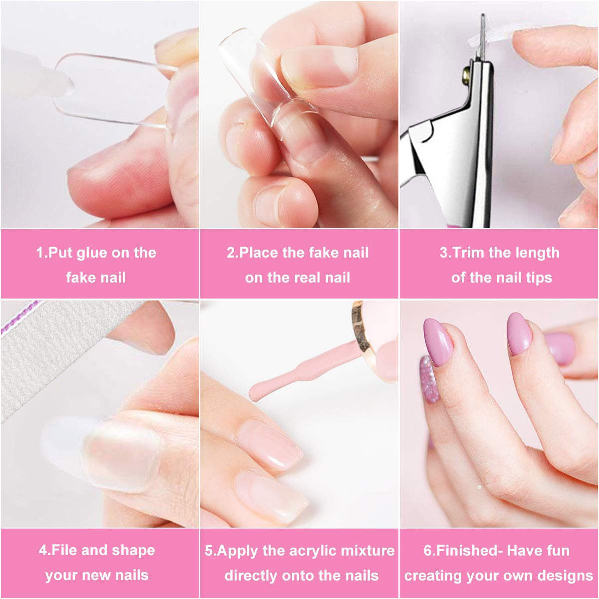 Unghii false, 500 bucăți, culori naturale, artificiale, unghii false, 10 mărimi, DIY, acrilice, cu cutie, perie de unghii, împingător de cuticule și pilă de unghii