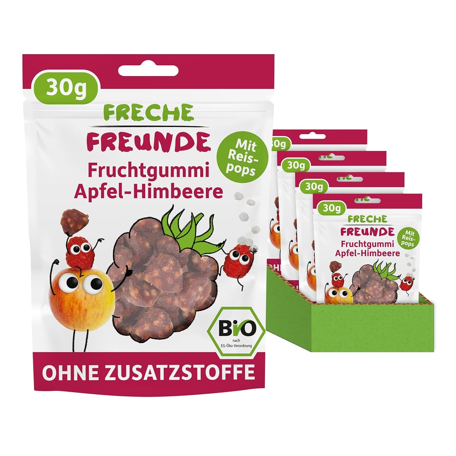 FRECHE FREUNDE Gelatine di frutta bio, lecca lecca di mela, lampone e riso, snack dolce alla frutta per bambini, senza glutine, vegano, confezione da 20 (20 x 30 g)