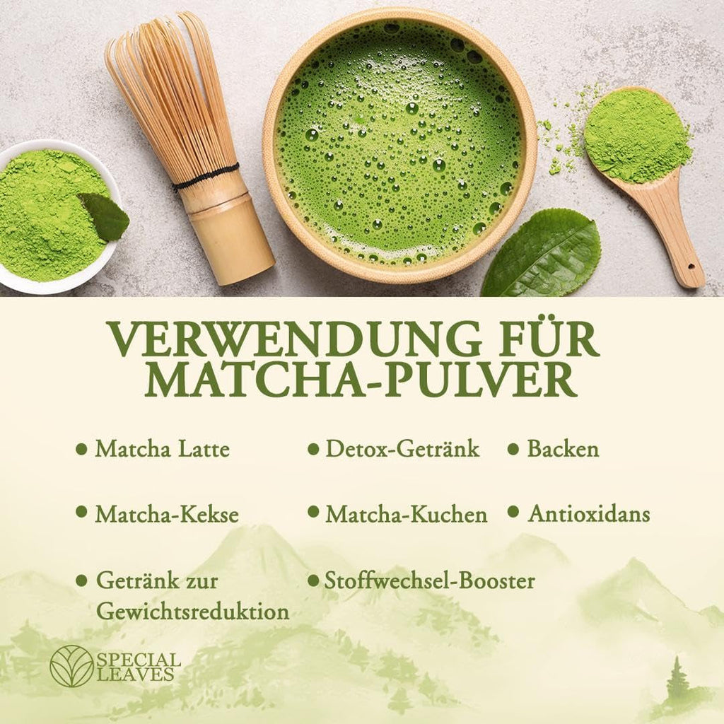 Pudră Matcha - 90 g - 100% naturală și măcinată fin - Pentru ceai și Matcha Latte - Fără aditivi - Calitate superioară din tradiția japoneză a ceaiului - Ceai verde premium de la Special Leaves