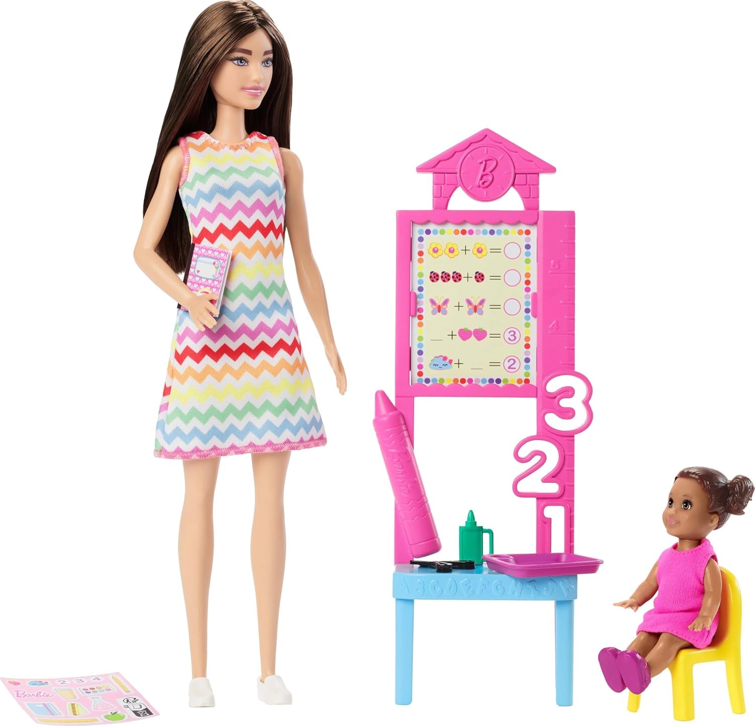 Păpușă Barbie profesoară cu păpușă de modă brunetă cu rochie cu model, 1 păpușă Toddler și accesorii pentru clasă, JCR76 Papusi Naty Shop Multicolor