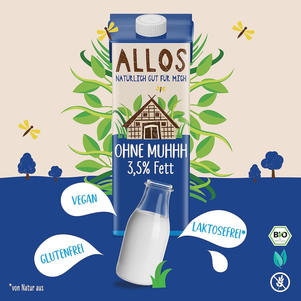 Allos Bio Ohne Muhhh 3,5% | Alternativa Milchal | Drink auf Pflanzenbasis | vegano | schäumbar | perfetto per il caffè senza lattosio | Fonti di calcio e vitamine | Reich una proteina | 1 litro (6 pezzi)