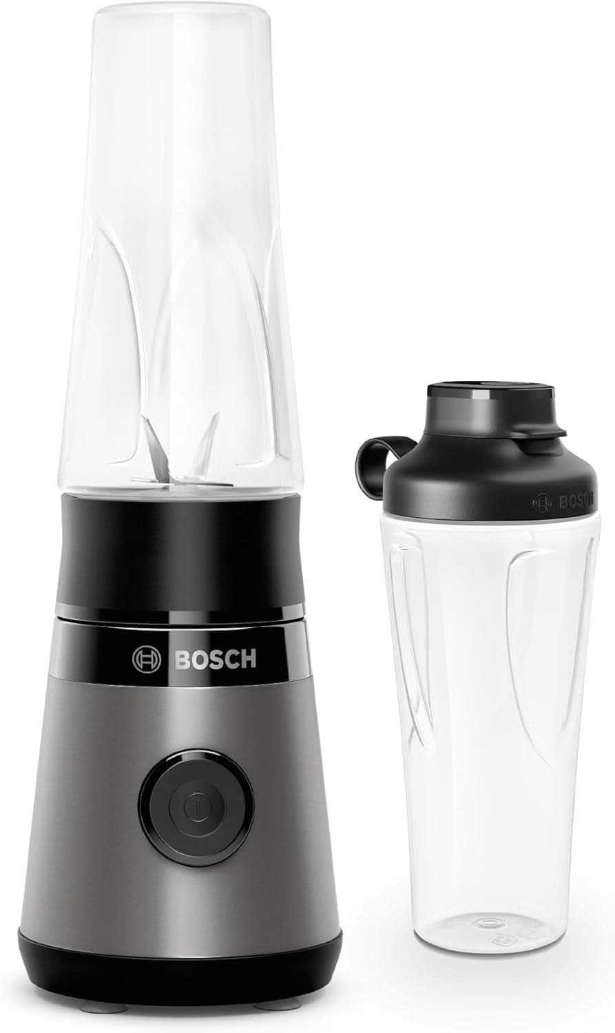 Bosch Mini Robot da Cucina Vitapower Serie 2 MMB2111S, Mixer ad alta velocità, Bis Zu 40.000 giri/min, Tritan Togo-Flasche 0,6 L, Trinkdeckel, Bruchsicher, Spülmasch.Geeignete Teile, 450W, Argento/Schwarz Kitchen Naty Shop Single Schwarz
