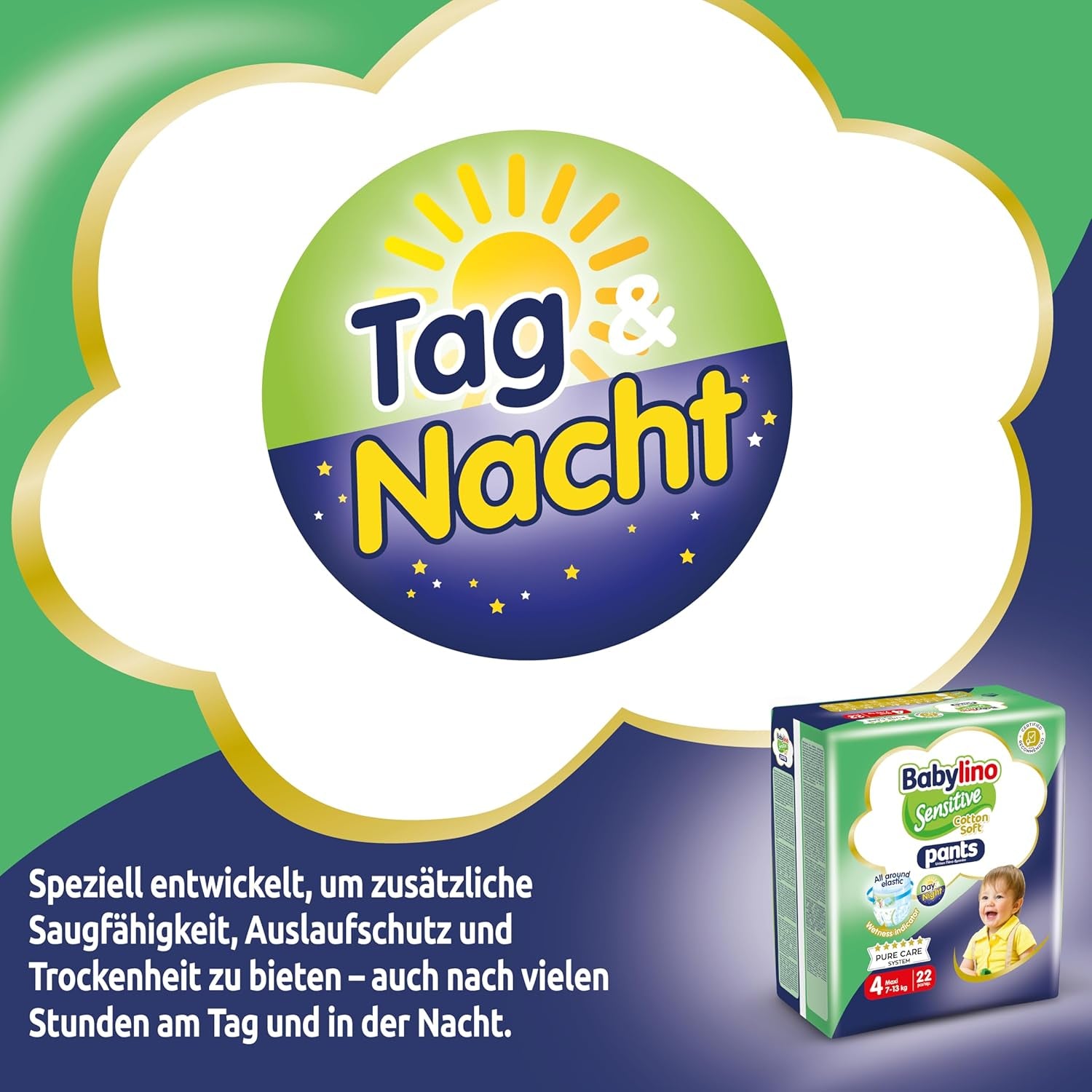 Pannolini Sensitive Cotton Soft, taglia 4, Pantaloni Maxi (7-13 kg), 22 pezzi