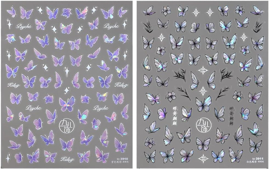 2 Blätter Schmetterling Nagelsticker Selbstklebend,Muschel Glitzer Nail Art Butterfly Nail Sticker Lila Grau Schmetterlinge Nagelaufkleber Relief Laser Butterflies Nagel Sticker Nageldesign Zubehör