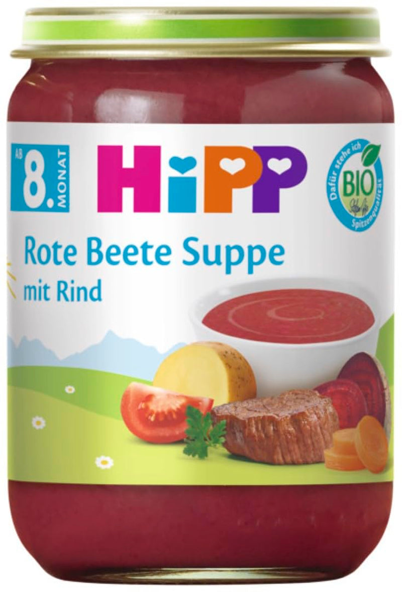 Zuppa di barbabietola rossa con manzo HiPP Organic (6 x 190g), a partire da 8 mesi, senza sale aggiunto, senza glutine, con Omega 3, migliore qualità biologica