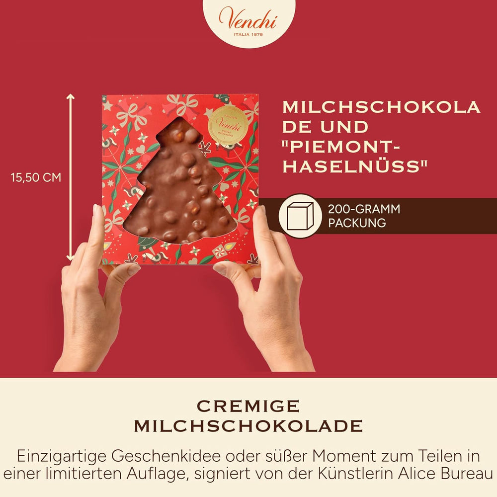 Venchi, Brutto&Buono, Tavoletta di Cioccolato al Latte "Nocciola della Foresta Piemontese" Artigianale a Forma di Abete, 200g, Senza Glutine, Collezione Natalizia in Edizione Limitata, Idea Regalo