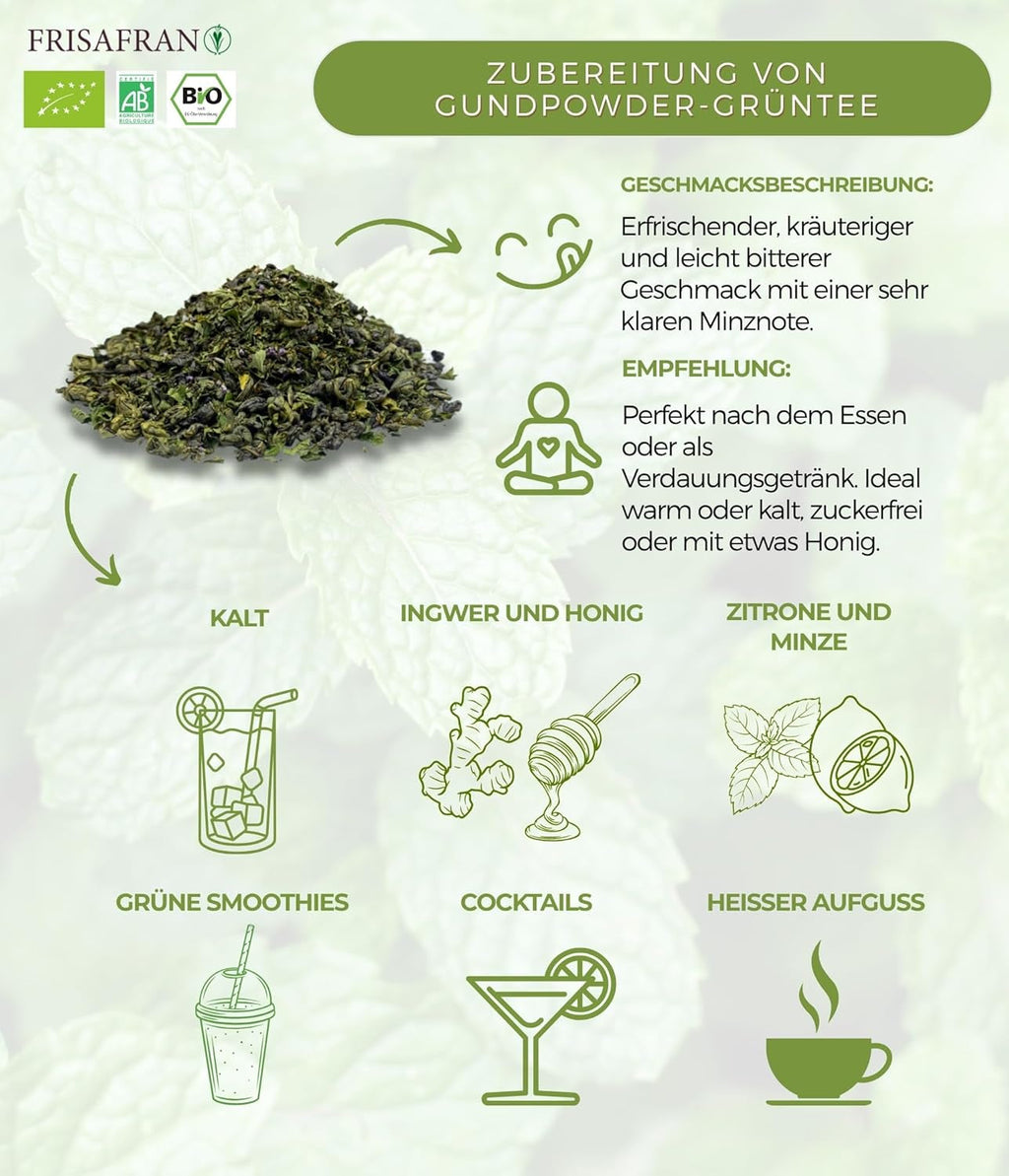 FRISAFRAN | Ceai verde Gunpowder cu mentă bio, vrac, 100 g | Antioxidant | Ceai verde japonez | Digestiv | Sănătos | Băutură răcoritoare | Infuzie de mentă | Ceai pur | Frunze de mentă | Cald-rece | Mentă