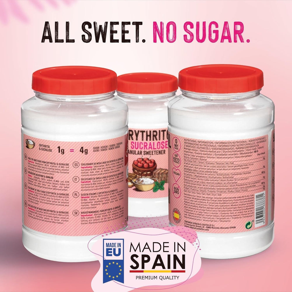 Eritritolo + Sucralosio 1:4 Sueßstoff | 1G = 4GZucker | 0 Netto-Kohlenidrato - 0 Kalorien - 0 Glykämischer Index - Keto - Kein GVO - Castello since 1907 - 1 Kg Dolcificanti Naty Shop