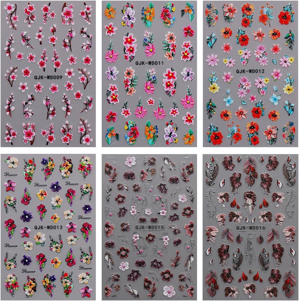 JMEOWIO Nagelsticker Blumen 6 Blatt Nail Art Sticker Selbstklebend Nagelaufkleber Sommer Blumen Dekoration Nageldesign Zubehör