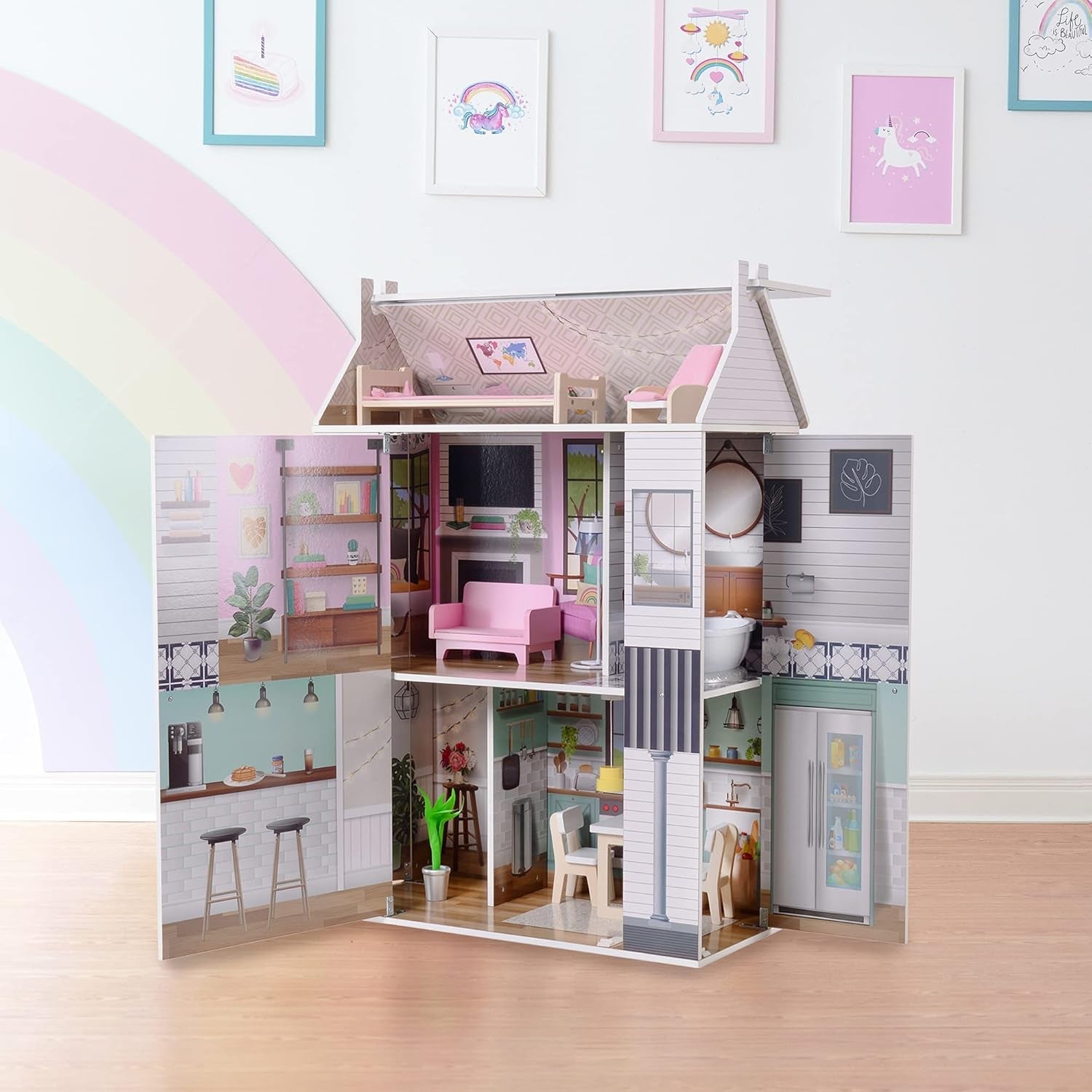 Olivia'S Little World Dreamland Farmhouse Casa delle bambole interattiva in legno per bambini 3 piani con 13 accessori per mobili per bambole Bianco TD-13632A Case delle bambole Naty Shop