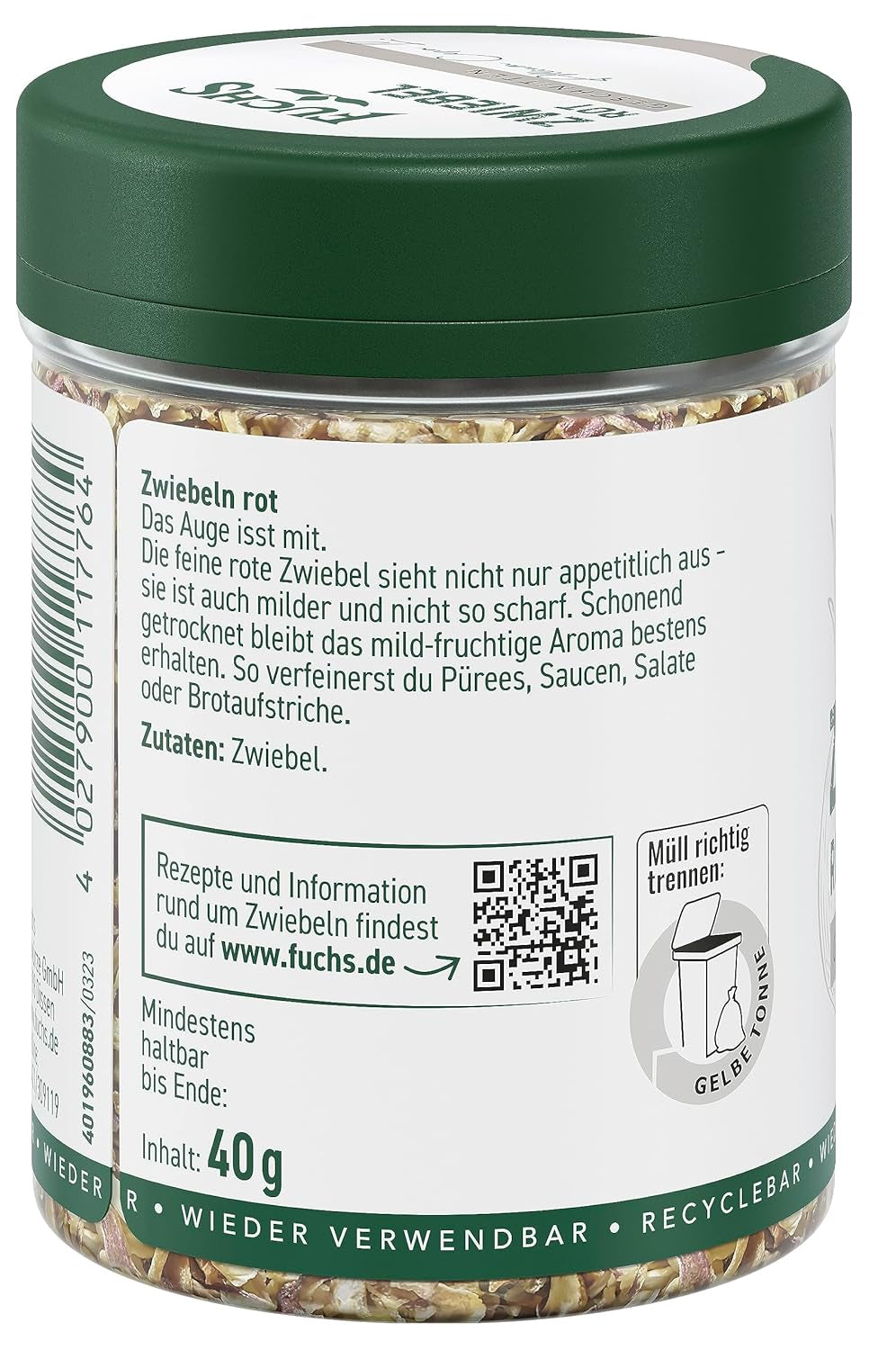 Fuchs Gewürze - Zwiebel rot geschnitten - Gewürz für Pürees, Salad oder Brotaufstriche - ingredienti naturali - 40 g in wiederverwendbarer, recyclebarer Dose