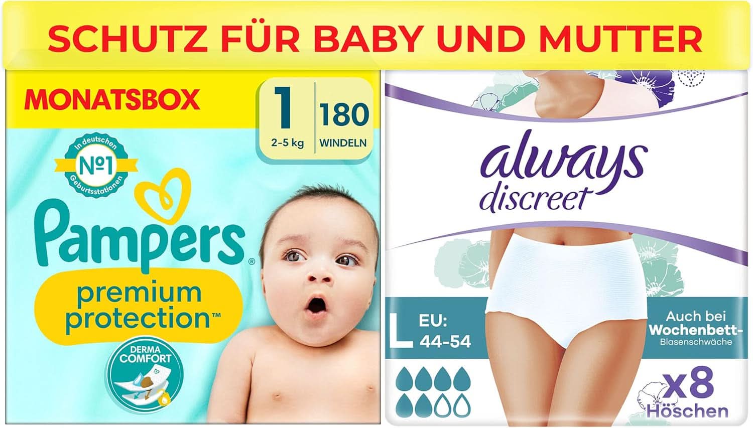 Pachet Pampers Marimea 1 (nou-nascut) si Always Discreet L, chiloti unica folosinta pentru mamici, incontinenta si postpartum Mama si Copilul Naty Shop
