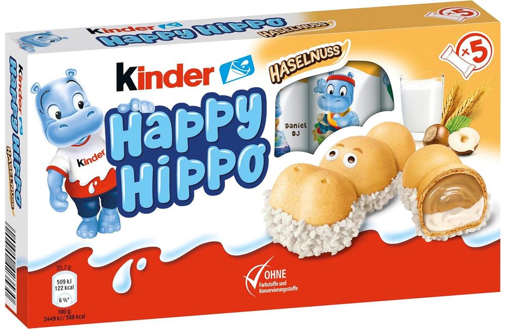 Kinder Happy Hippo Hazelnut - Specialità Wafer Croccanti con Crema di Latte e Nocciole - Dolci di Carnevale e Martedì Grasso - 1 confezione contenente 5 barrette individuali da 20,7g ciascuna