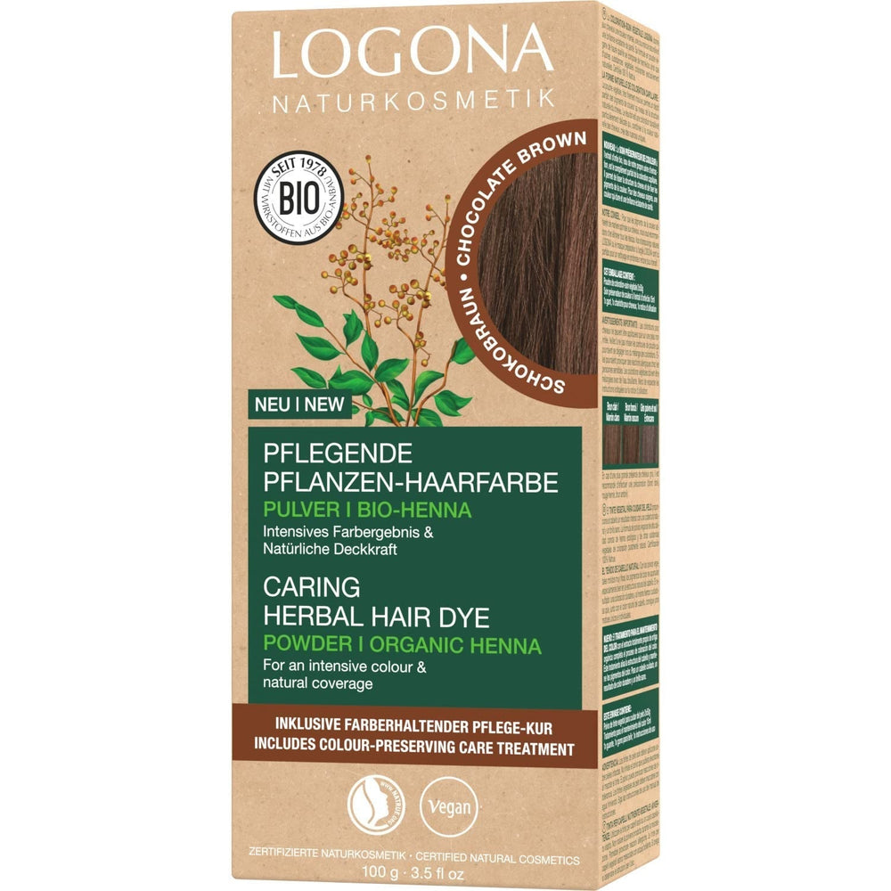 LOGONA Natural Cosmetics Vopsea de păr hrănitoare pe bază de plante, vopsea de păr vegană pudră cu henna organică pentru culoare intensă și strălucire, vopsea de păr pe bază de plante în blond cupru (blond), 1 x 100g Vopsea pentru par Naty Shop Ciocolată maro 100 G (1 pachet)