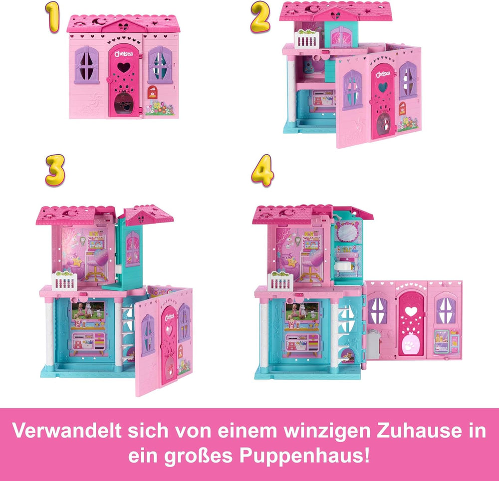 Casă de păpuși Barbie Chelsea cu peste 15 accesorii, căsuța pop-up se extinde la peste 42 x 33 cm cu 5 zone de joacă și un tobogan, cu o păpușă mică și un câine, JFW49