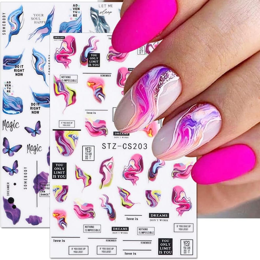 6 Blatt 3D Lila Schmetterling Nagelstickers Selbstklebend Nagelaufkleber Schmetterlinge Nail Sticker Bunte Blühen Marmor Nagel Stickers Regenbogen Welle Linien Nail Art Aufkleber Nageldesign Zubehör