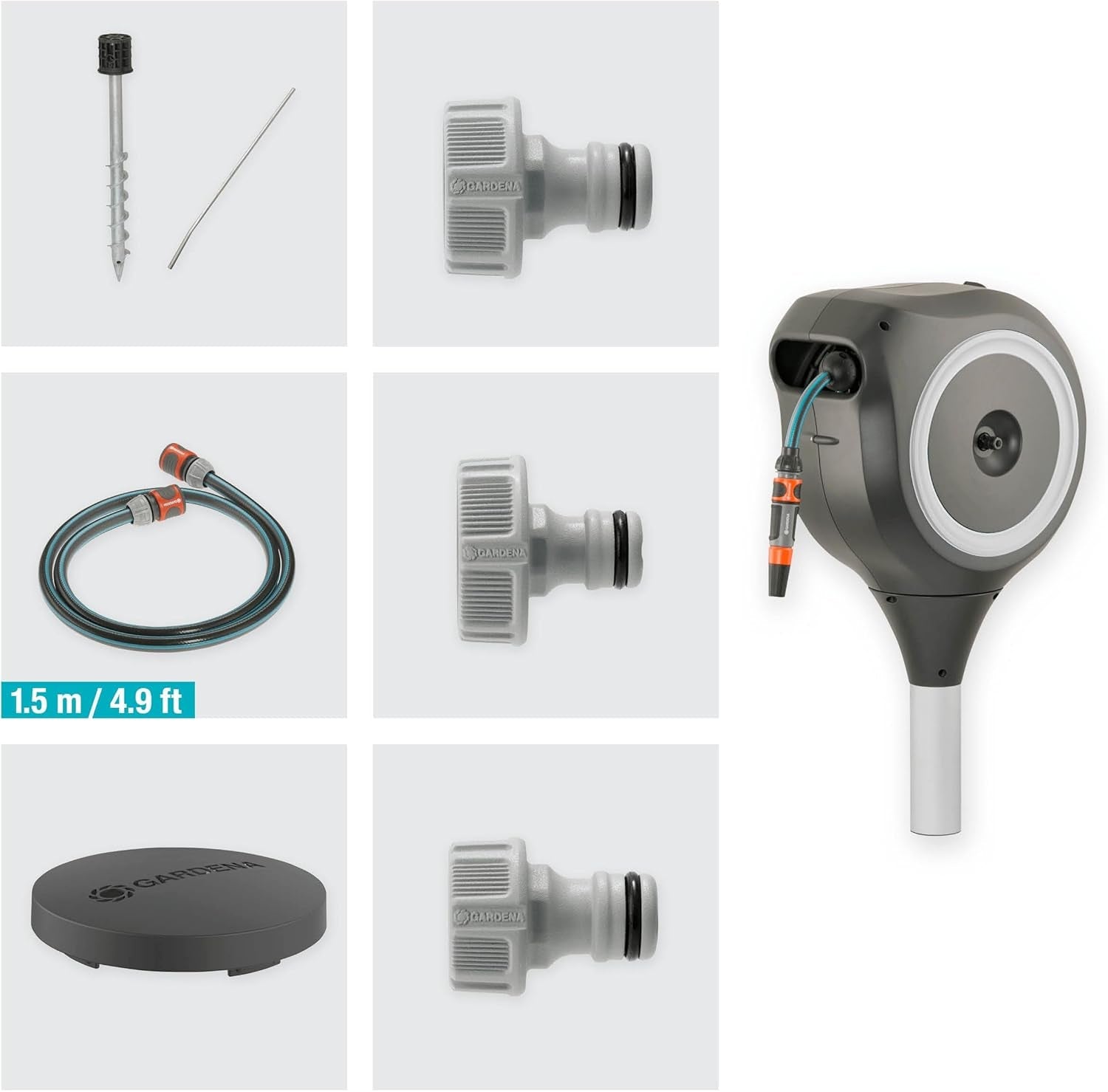 Cutie pentru furtun de grădină Gardena RollUp M (albă) 20 m: Cutie pentru furtun rotativă, ghidaj integrat pentru furtun, incl. furtun de calitate Gardena de 20 m, țăruș de sol și ajutor de montare (18616-20)