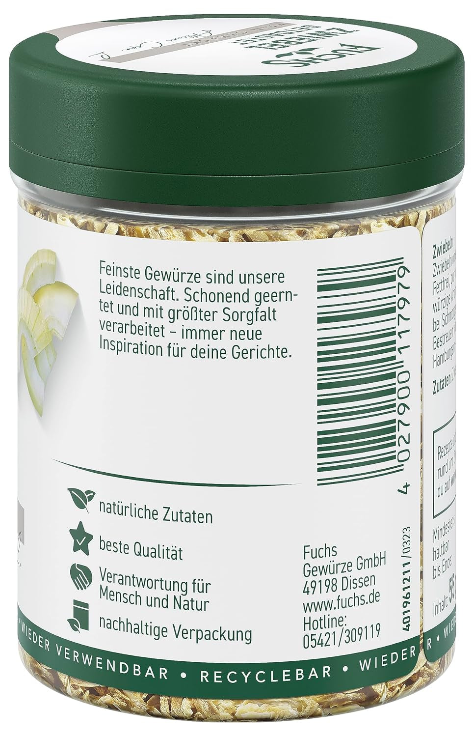 Fuchs Gewürze - Zwiebel getostat - Zwiebeln für Dips, Schmorgerichte oder Hamburger tritato finemente - Ingredienti naturali - 55 g in wiederverwendbarer, recyclebarer Dose
