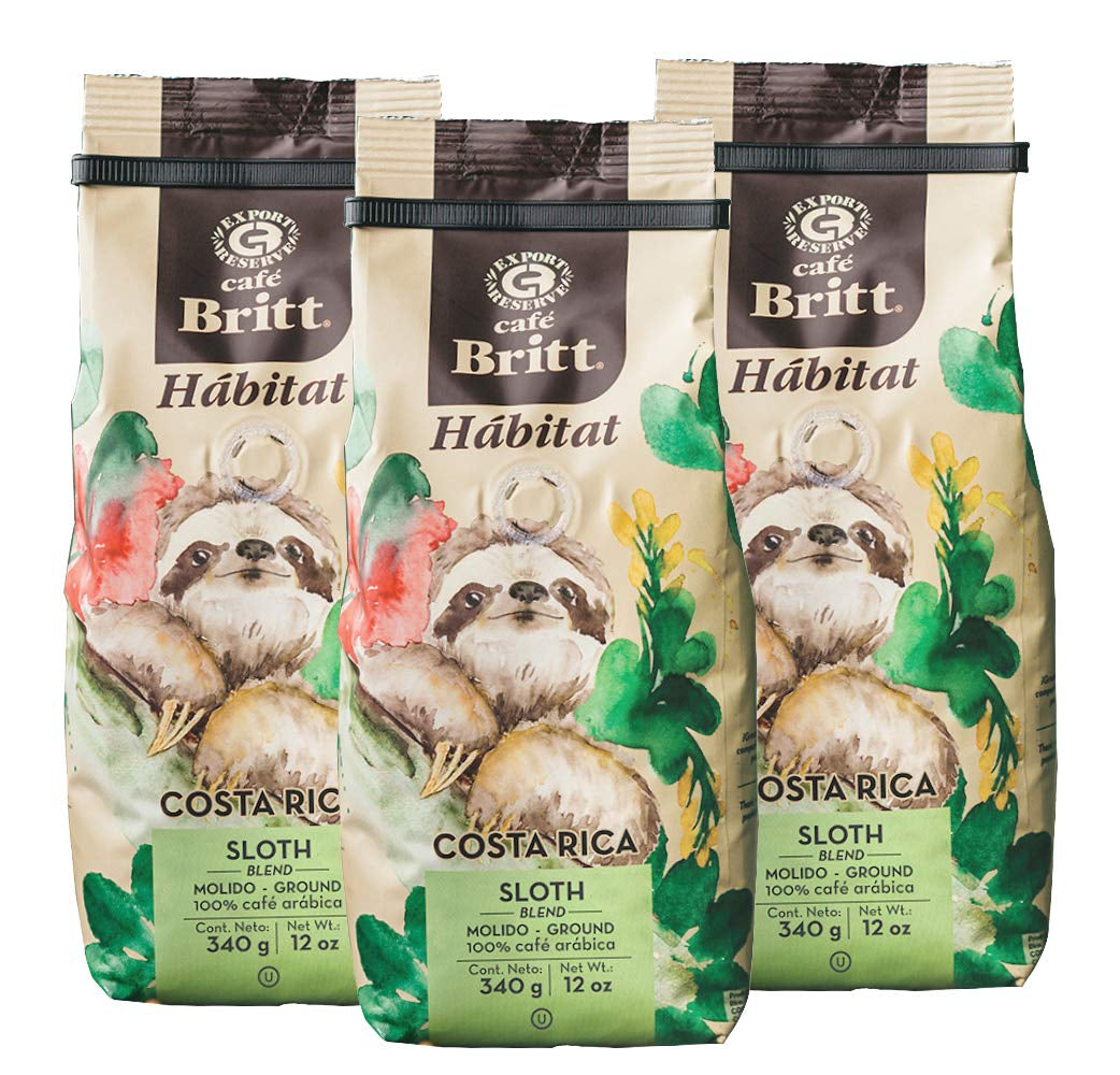 Café Britt® - Amestec Costa Rican Habitat Sloth Blend (340 g.) (Pachet de 1) Cafea Arabica în boabe întregi, Kosher, fără gluten, gourmet și prăjire medie închisă