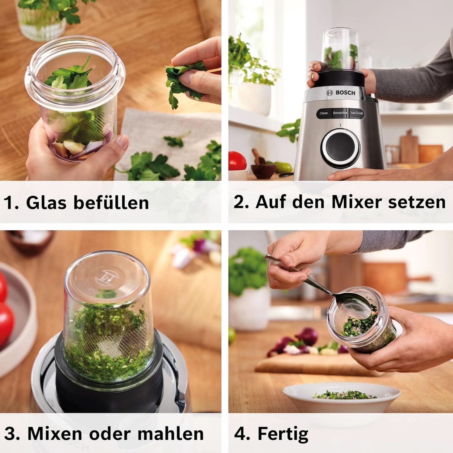 Robot da cucina Bosch Vitapower Serie 4 MMB6177S, Edelstahl-Klingen Made in Germany, bicchiere in vetro Thermosafe da 1,5 l, fiaschetta To-Go da 0,6 l, stopfer, zerkleinerer universale, 30.000 giri/min, 1200 W, Argento Kitchen Naty Shop