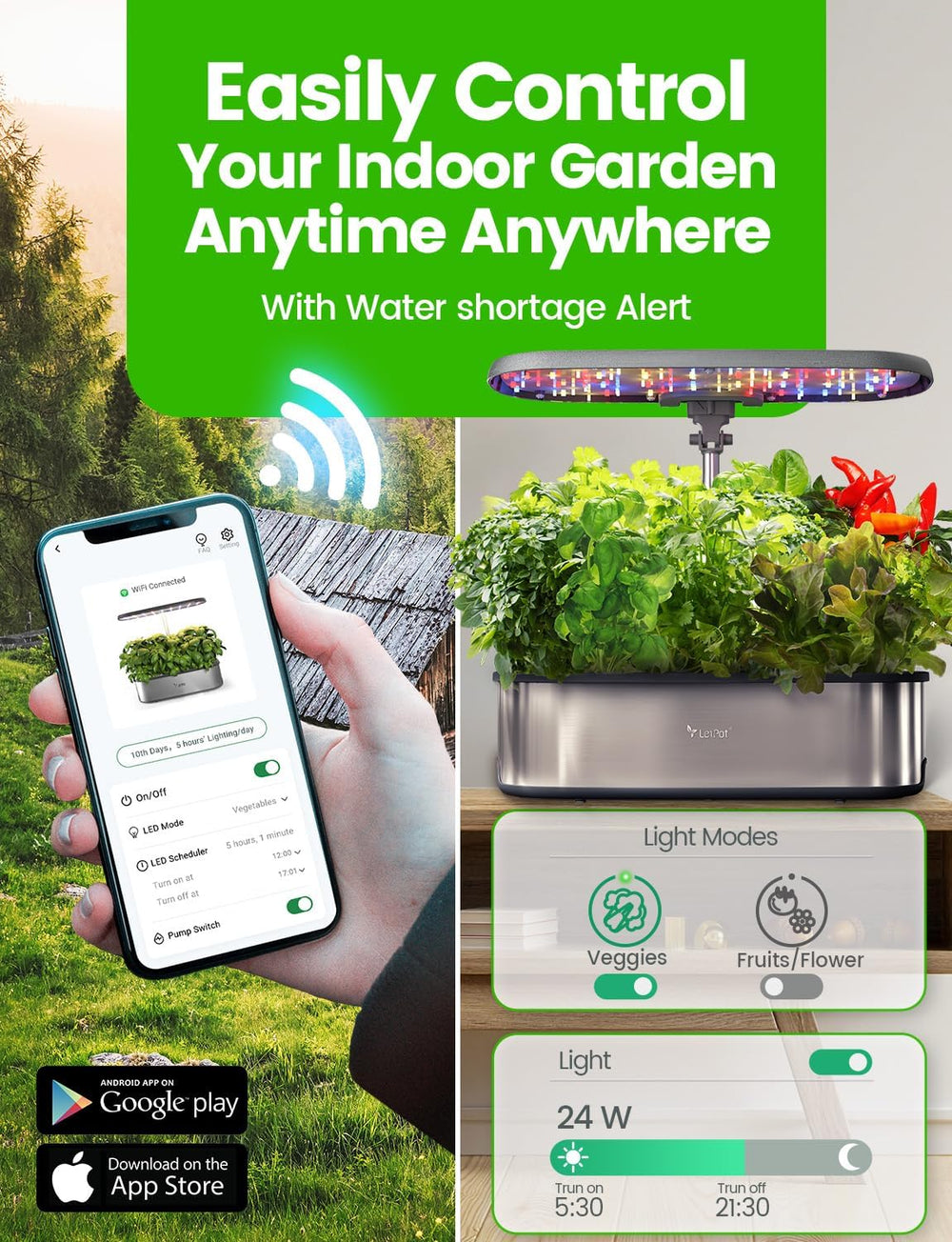 LPH-SE Sistema di Coltivazione Idroponica WiFi, Kit da Giardino Intelligente per Erbe da Interno da 12 Vasi, Giardino Interno con Luce di Coltivazione a LED da 24 W, Serbatoio dell'Acqua da 5,5 Litri, Sistema di Pompaggio, Timer Automatico