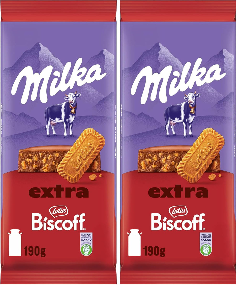 Milka Extra Biscoff Chocolate – Cioccolato al latte alpino con pezzi croccanti di biscotti Lotus Biscoff – 190g