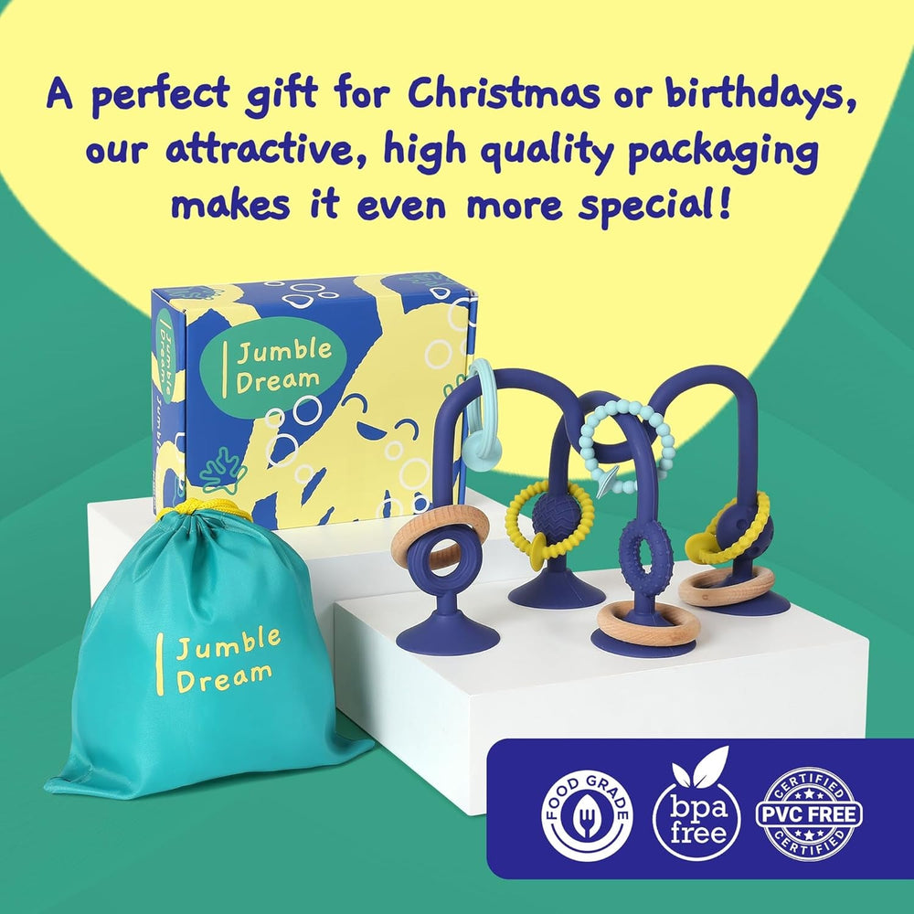 Inel de dentiție pentru bebeluși JUMBLE JANGLE: Jucărie de dentiție pentru bebeluși 3-24 luni | Set de 7 piese de jucării de mestecat fără BPA | Inel de dentiție din silicon răcoritor | Jucărie pentru copii mici cu ventuză pentru scaun înalt, masă și cadă