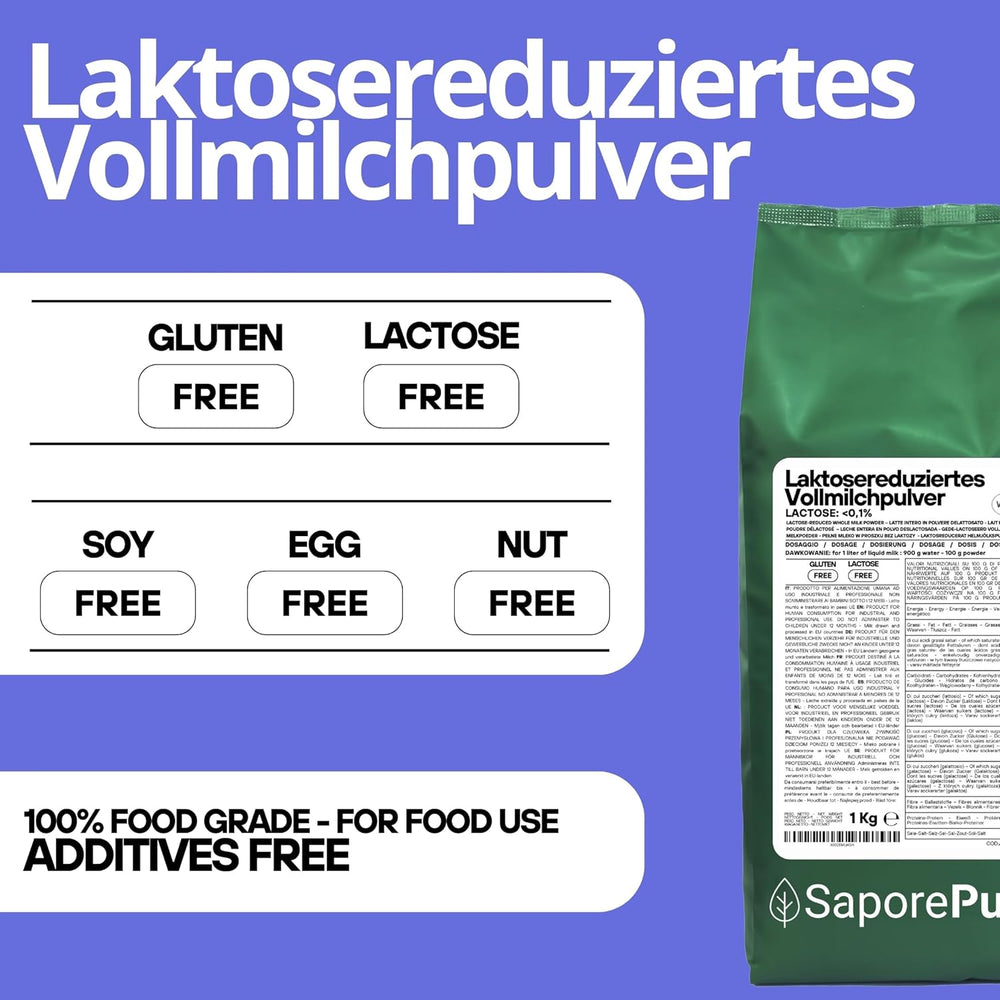 Laktosefreies Vollmilchpulver 1 kg | Hohe Löslichkeit | Ideale per prodotti da forno, pane e alimenti. Uso professionale e industriale Senza lattosio Senza glutine