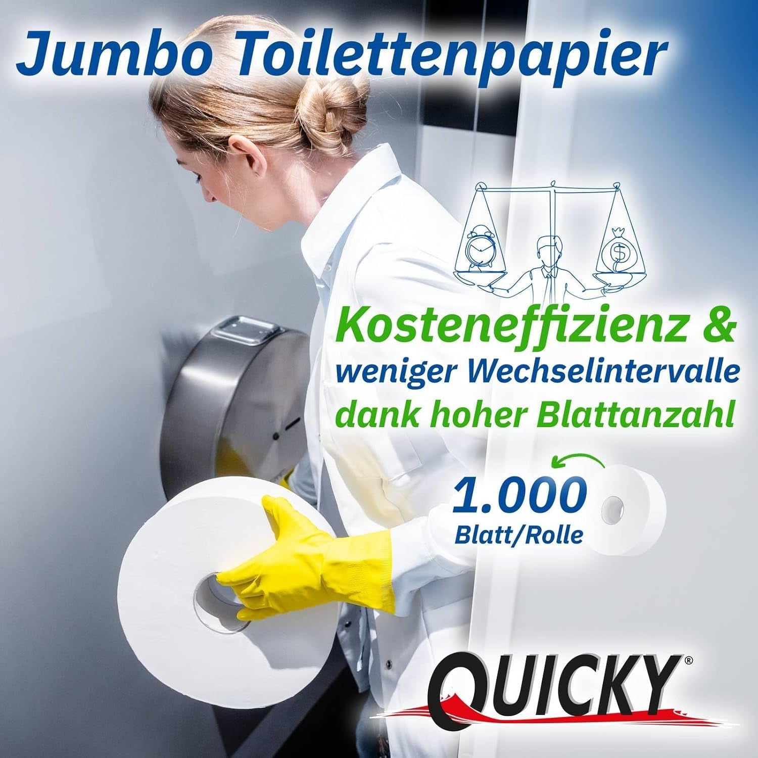 Hârtie igienică Quicky Jumbo 2 straturi, 25 cm Ø, alb strălucitor, relief cu puncte fine, 6 role - absorbantă și rezistentă la rupere pentru igienă maximă, ideală pentru instituțiile publice și industrie