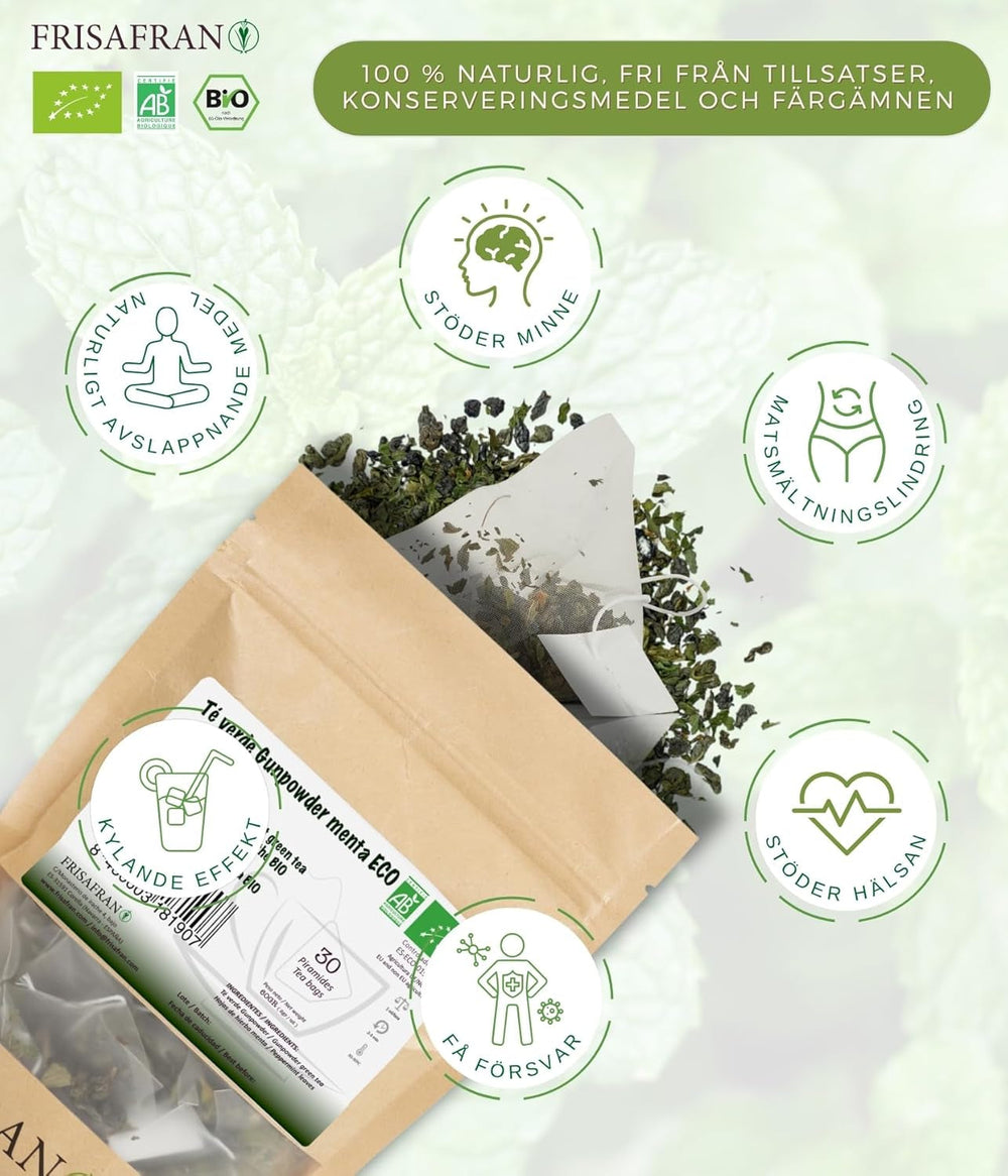 FRISAFRAN | Ceai verde organic Mint Gunpowder în piramide 30 unități | 60G | Antioxidant | Ceai verde japonez | Digestiv | Băutură răcoritoare | Infuzie de mentă | Ceai pur | Frunze de mentă | Cald-rece